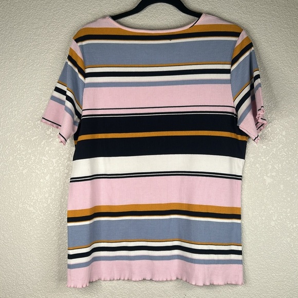 Dorothy Perkins Casual Ribbed Striped Lettuce Hem Short Sleeve Top Size 16 - Picture 4 of 6